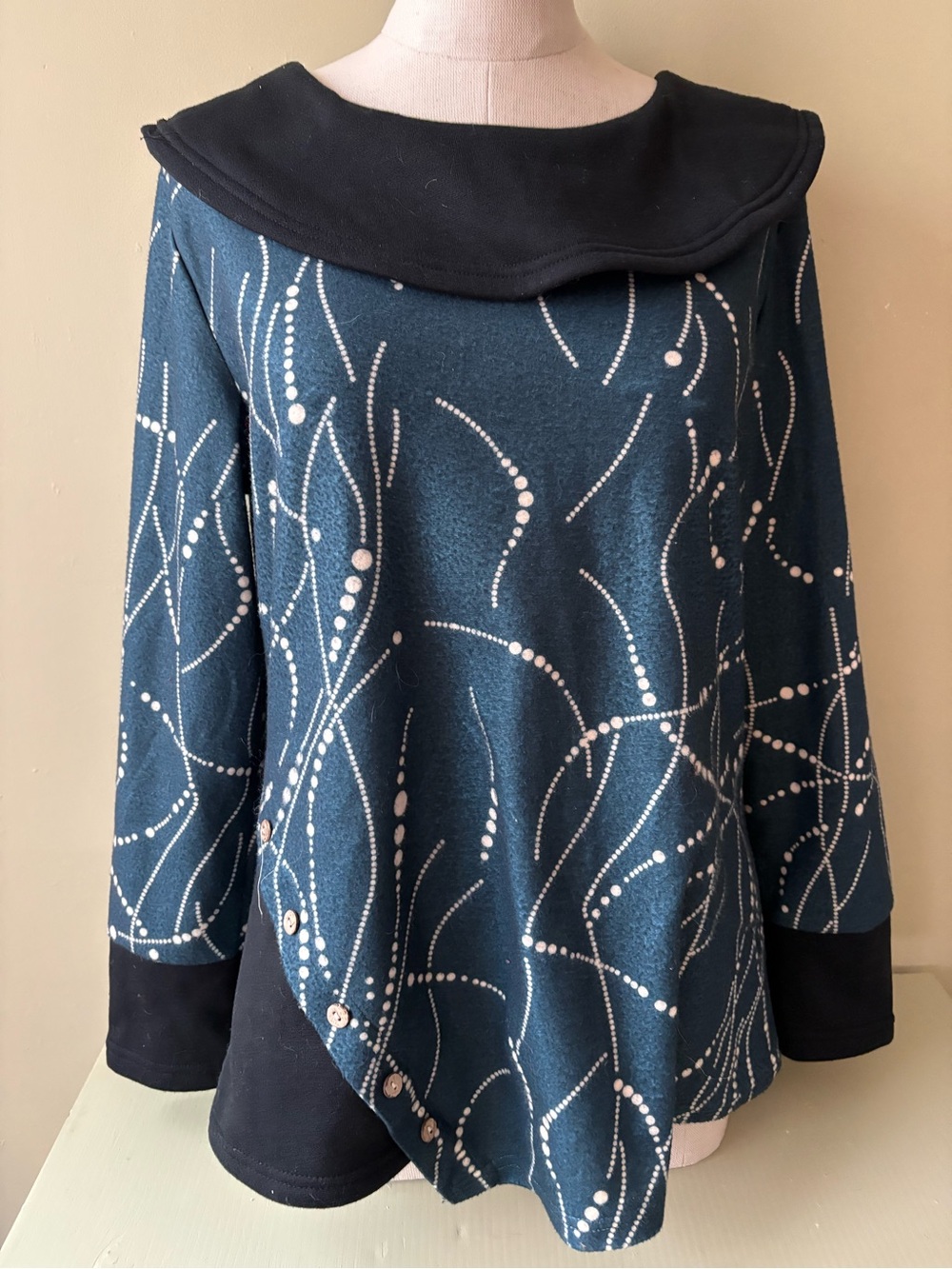 MISS LOOK Teal Black Sailor Collar Tunic Dot Swirl Pattern cotton Sz L